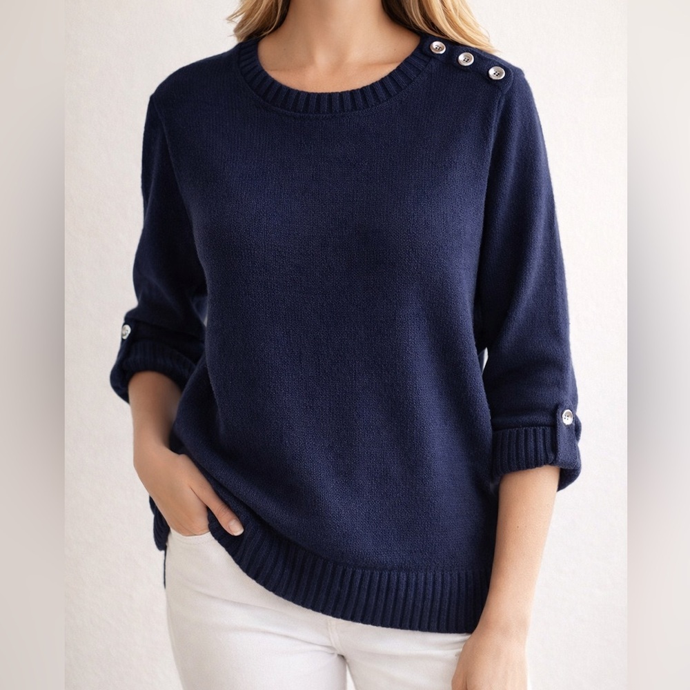 Karen Scott 100% Cotton Navy Nautical Button Shoulder Sweater Size L
